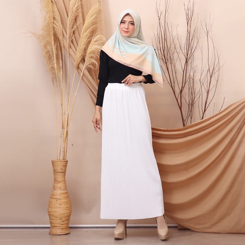 Rok Putih Polos Korean Style Bawahan Wanita Dewasa Panjang Pinggang Karet Casual Premium kekinian Te