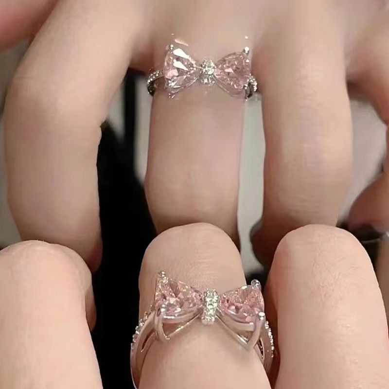 Elegan Indah Ikatan Simpul Merah Muda Berlian Kristal S925 Sterling Perak Wanita Fashion Perhiasan Kasual Pesta Rings