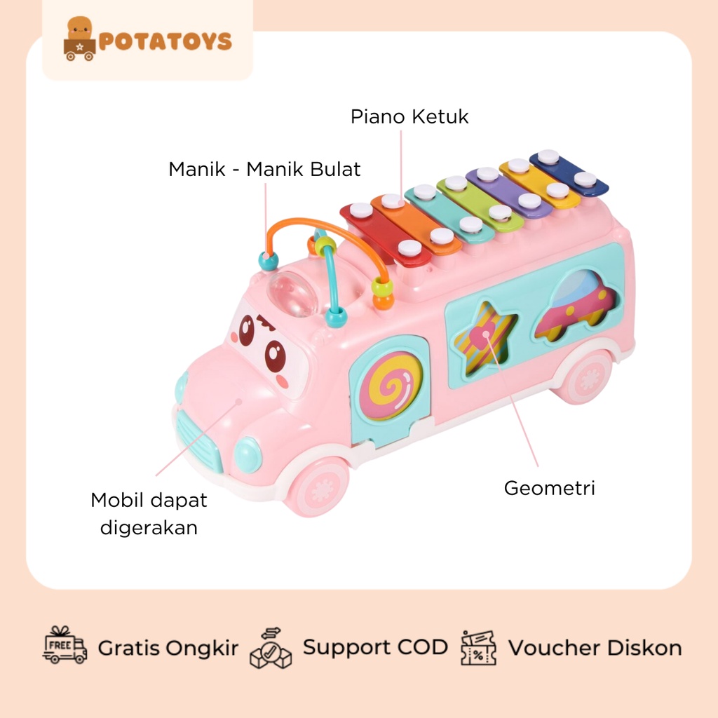 [ Potatoys ] Huanger Music Baby Bus Xylophone / Bus Xylophone Mobil 3in1 / Sorting Bentuk dan Alur Kawat / Mainan Anak Edukasi / Mainan Music