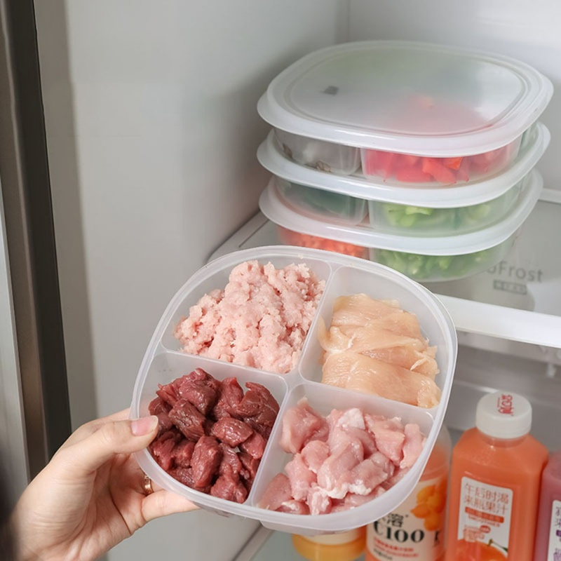 4kisi Kotak Penyimpanan Kulkas Buah Makanan Dengan Tutup Portable Kompartemen Kulkas Freezer Divided Box Food Grade Plastik Bening Daging Bawang Jahe Fresh Box Organizer Dapur