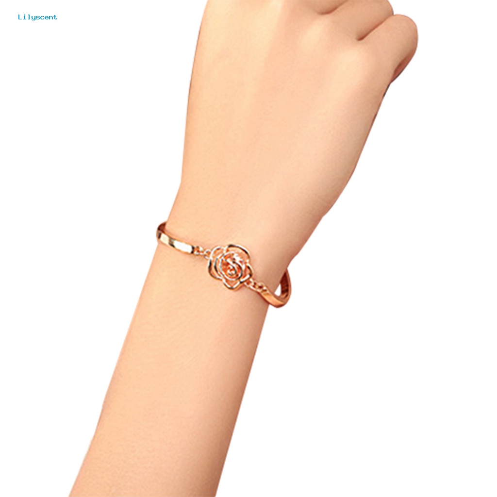 Lilyscent Wanita Emas Bunga Kristal Rose Bangle Cuff Rantai Gelang Chic Perhiasan Hadir