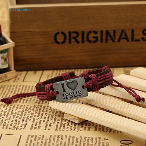 Lilyscent Unisex I LOVE JESUS Faux Leather Bangle Tali Rami Rantai Adjustable Bracelet