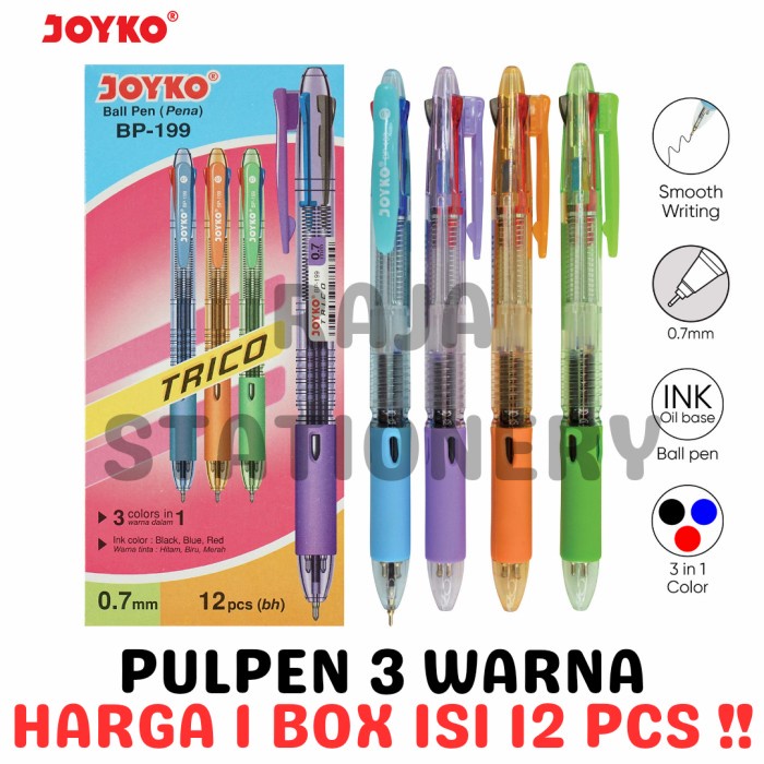

JOYKO BALL PEN 3 COLOURS BOLPEN PULPEN 3 WARNA JOYKO BP-199 [12PCS]