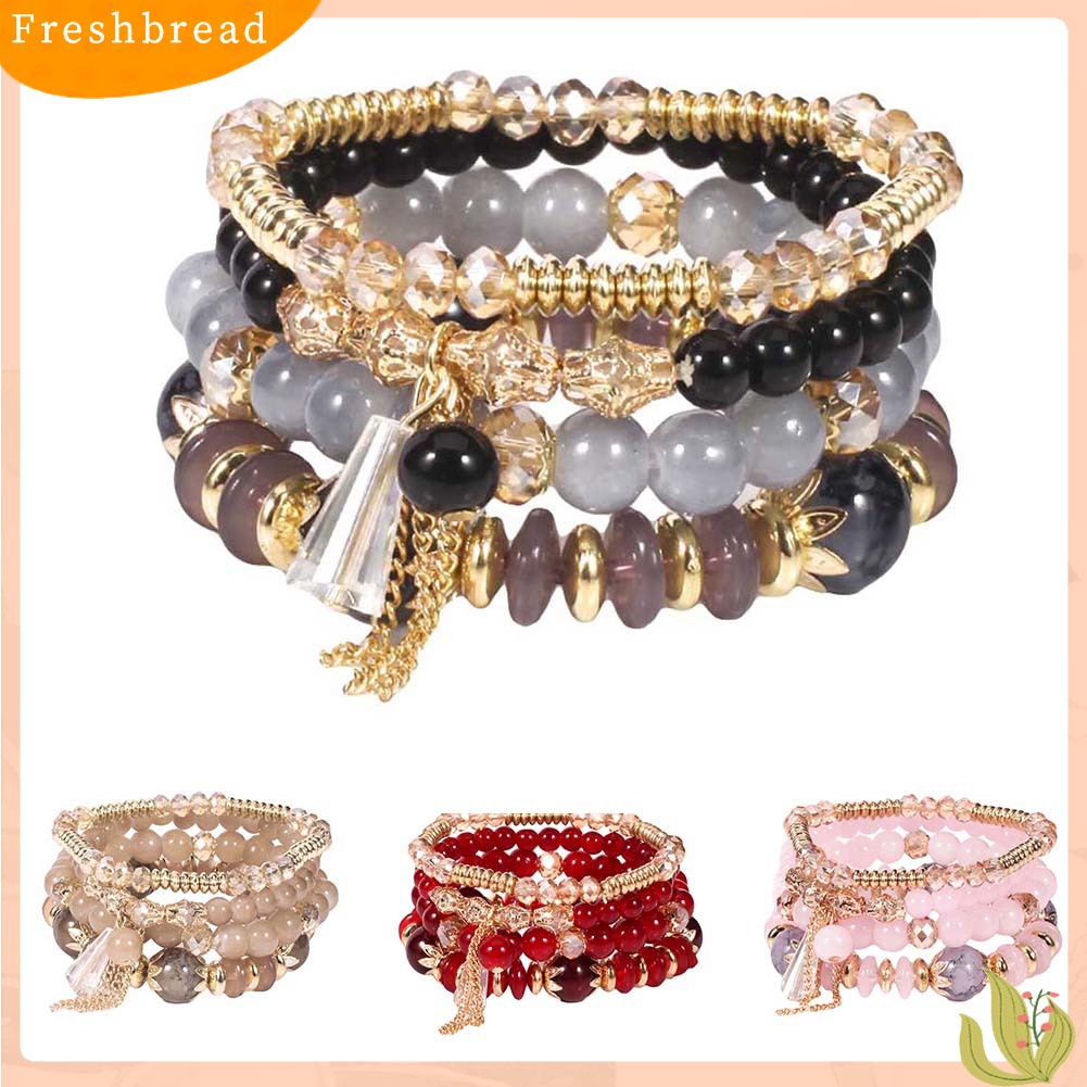 &lt; Freshbread &gt; 4Pcs/Set Boho Faux Agate Mutiara Rumbai Rantai Pesona Manik-Manik Gelang Wanita Perhiasan