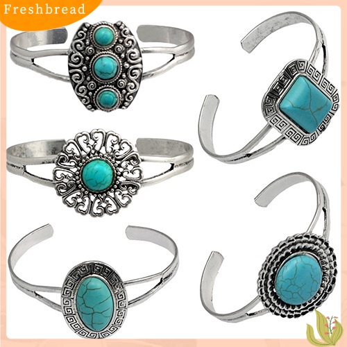 &lt; Freshbread &gt; Perhiasan Wanita Gaya Retro Geometris Turquoise Pembukaan Manset Bangle Gelang