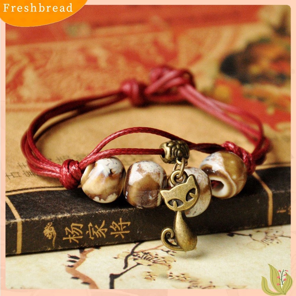 &lt; Freshbread &gt; Etnik Daun Kucing Pesona Keramik Manik-Manik Gelang Wanita Handwoven Perhiasan Hadiah