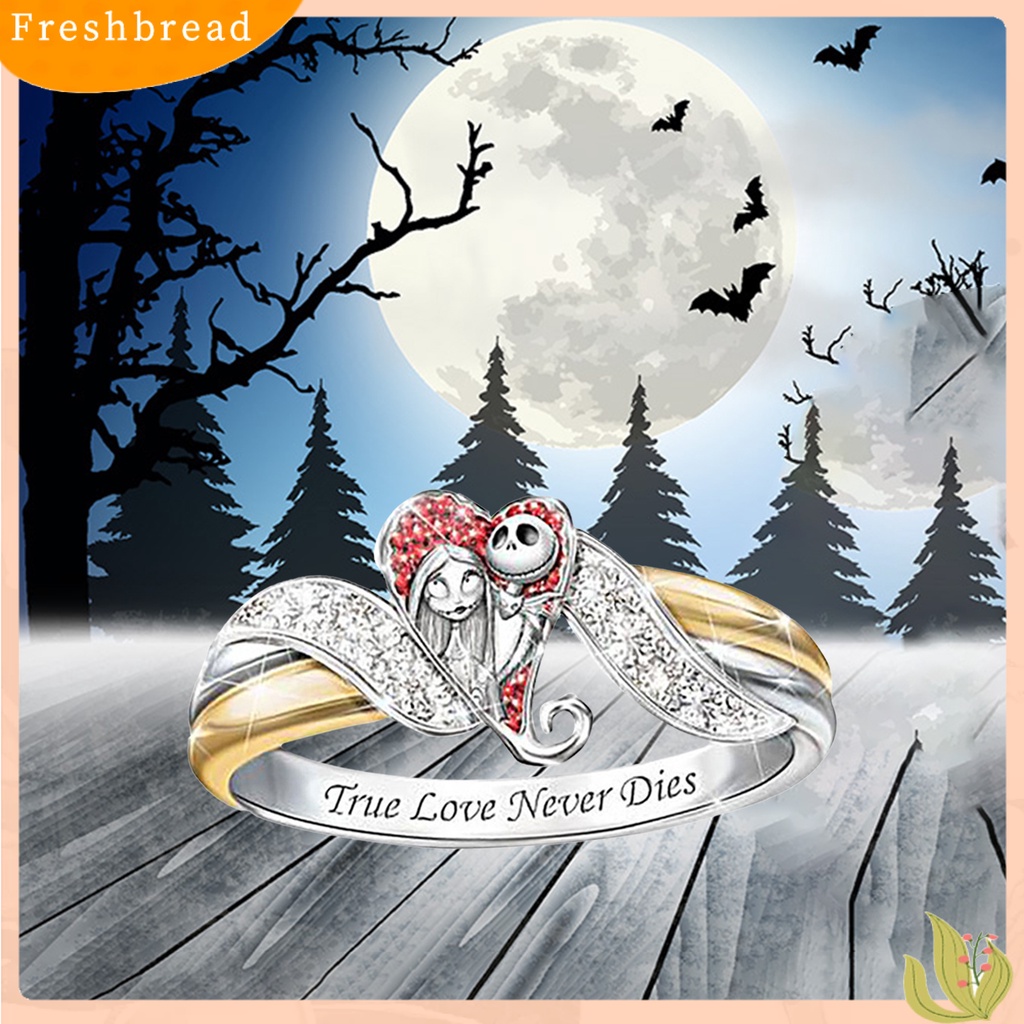 &lt; Freshbread &gt; Ganda Warna Bentuk Hati Wanita Cincin Paduan Pola Hantu Huruf Cetak Berlian Imitasi Halloween Cincin Perhiasan Aksesori