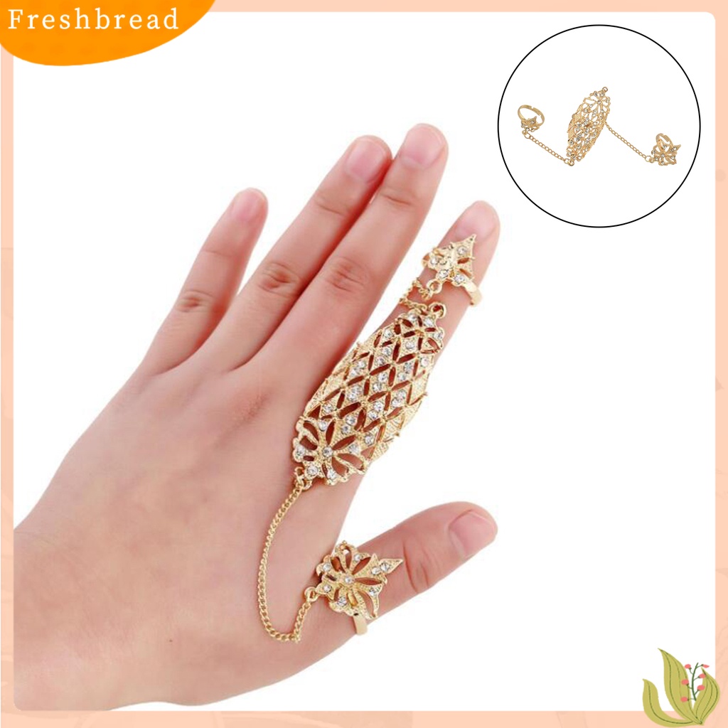 &lt; Freshbread &gt; Opening Ring Berlian Imitasi Tertanam Alloy Warna Emas Berlubang-out Leaf Dual Finger Chain Ring Untuk Pacaran