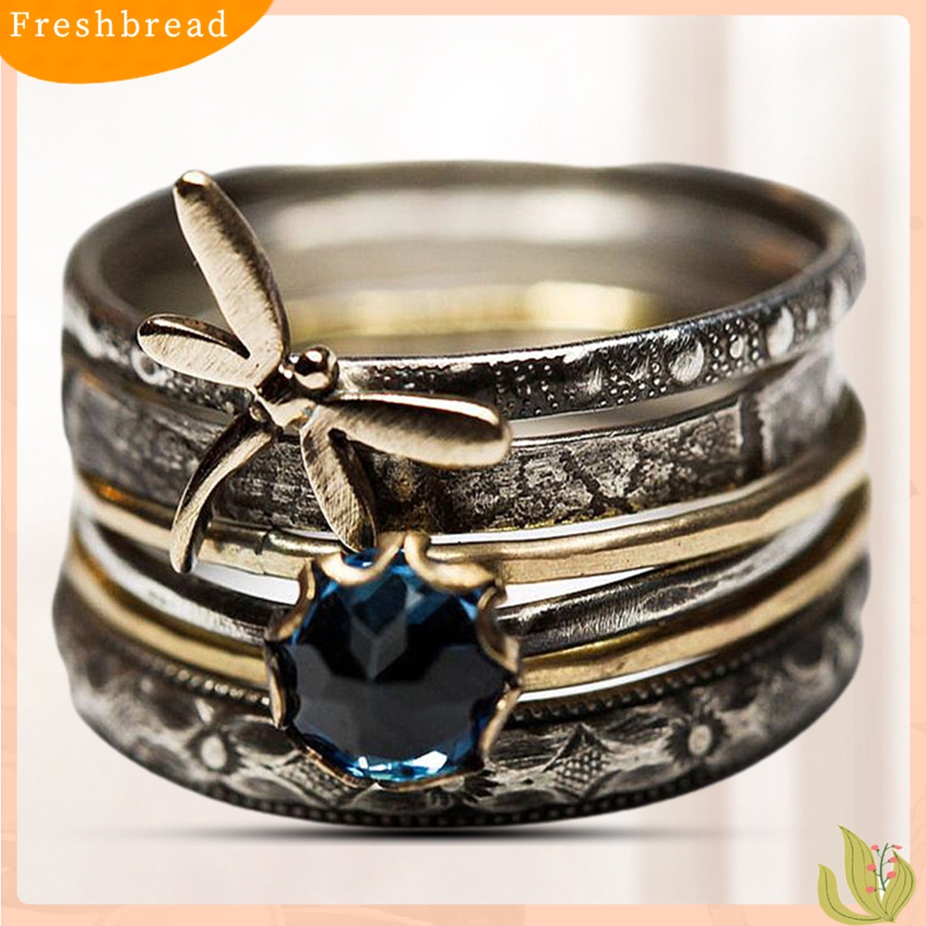 &lt; Freshbread &gt; Cincin Jari Gaya Vintage Multi-layer Anti-Cacat Capung Biru Faux Kristal Engagement Ring Untuk Pacaran