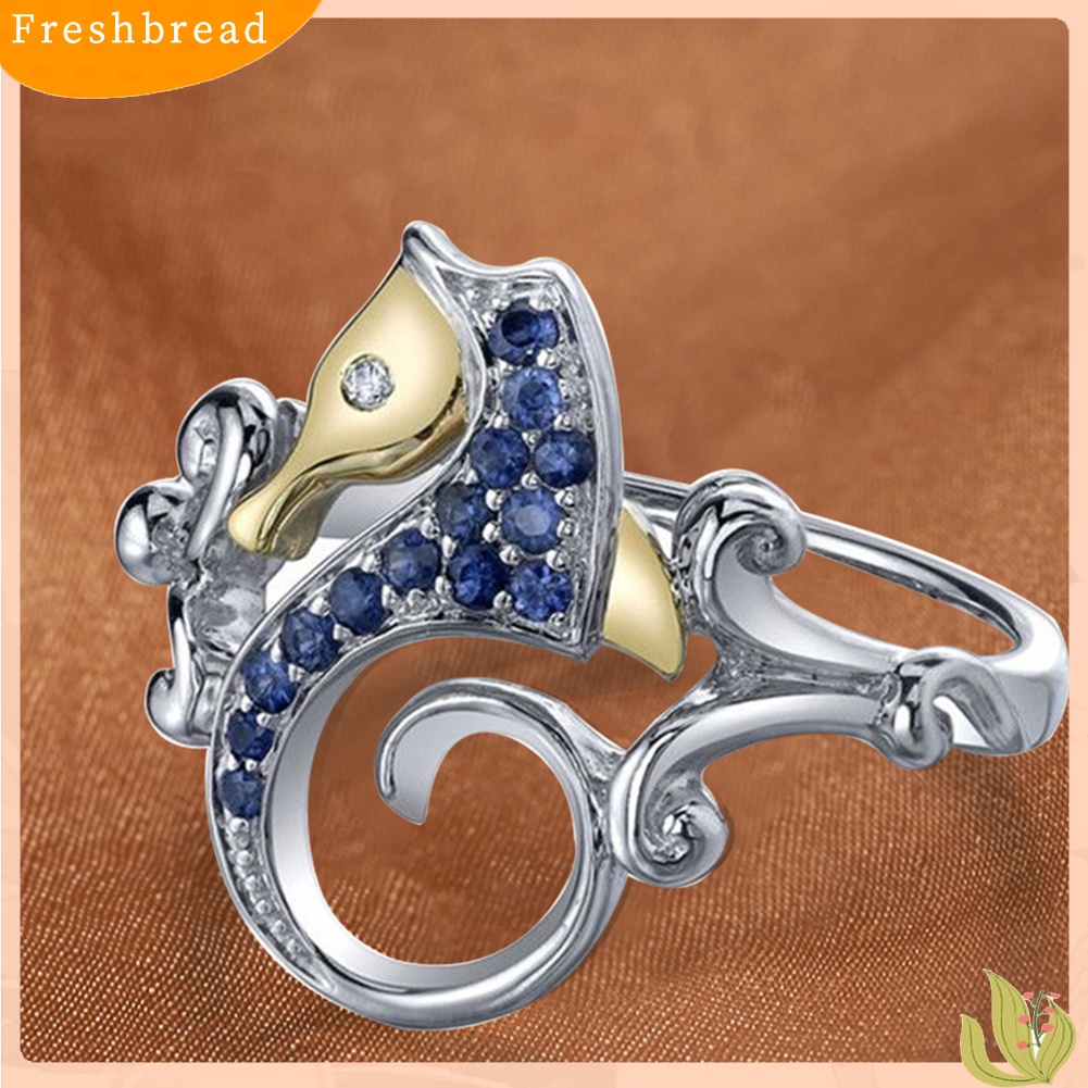 &lt; Freshbread &gt; Fashion Berlian Imitasi Biru Kuda Laut Perak Disepuh Jari Cincin Wanita Perhiasan Hadiah