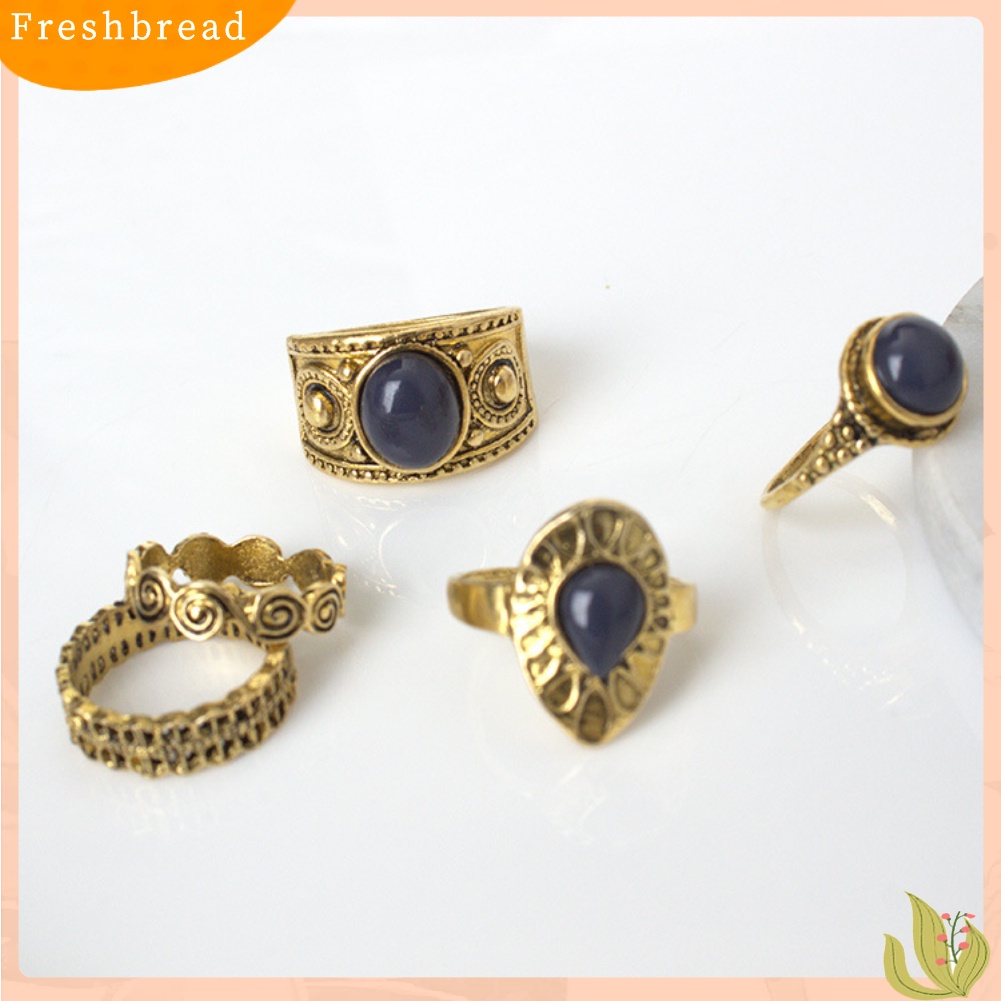 &lt; Freshbread &gt; 5Pcs/Set Bohemian Vintage Batu Biru Alloy Jari Cincin Wanita Menawan Perhiasan