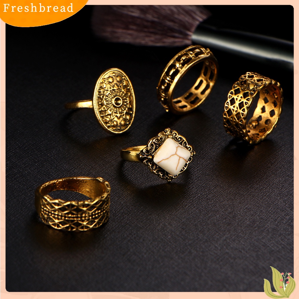 &lt; Freshbread &gt; 5Pcs/Set Vintage Wanita Buku Jari Midi Ujung Tumpuk Cincin Perhiasan Hadiah Golden