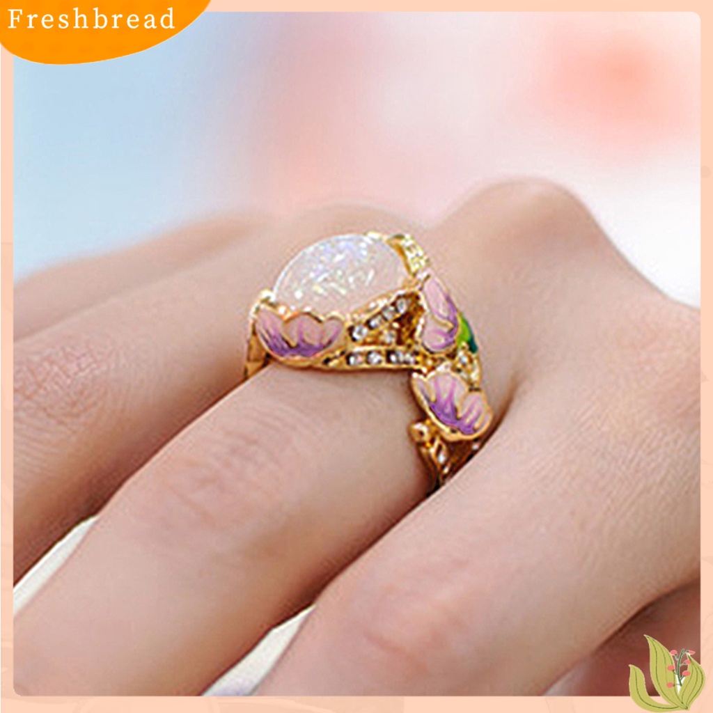 &lt; Freshbread &gt; Wanita Cincin Gaya Retro Imitasi Opal Berlian Imitasi Bertatahkan Elegan Berwarna Enamel Bunga Jari Cincin Aksesoris Perhiasan