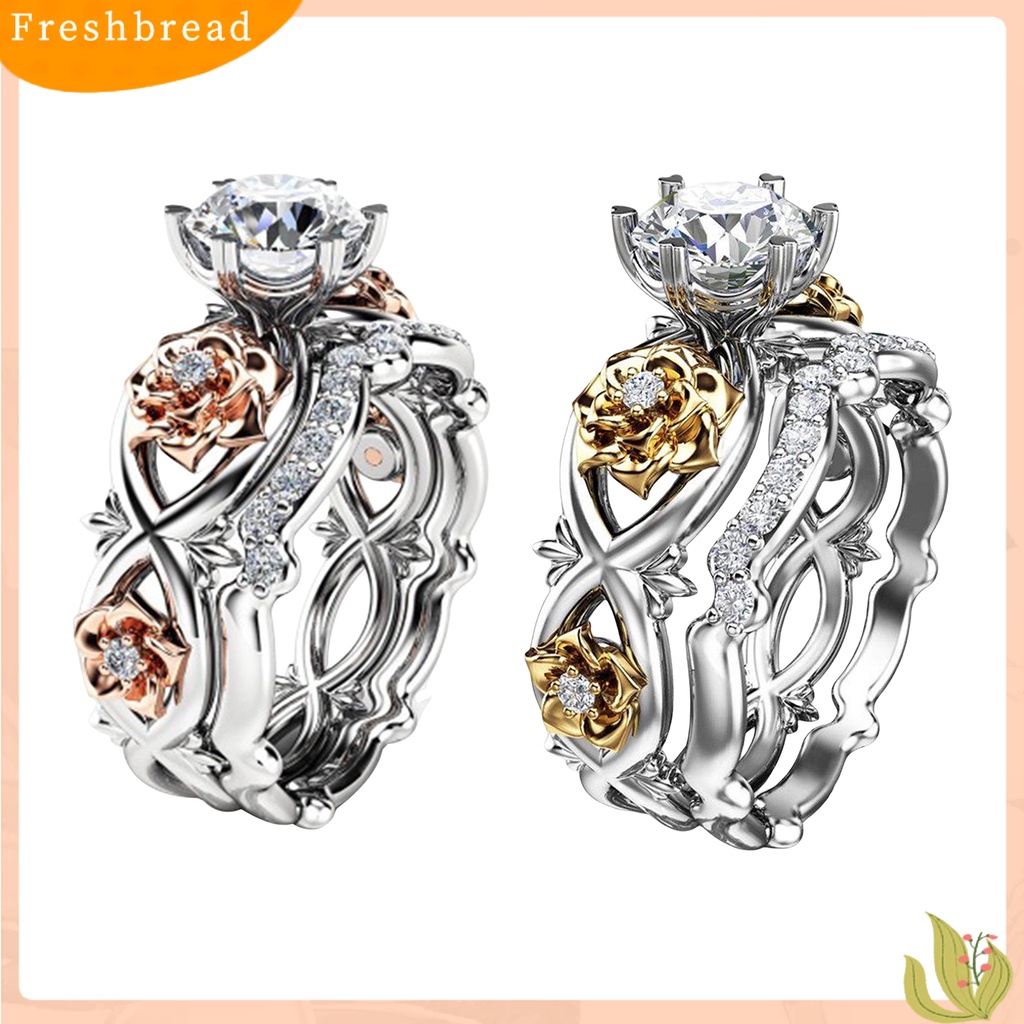 &lt; Freshbread &gt; 2Pcs Cincin Wanita Desain Bunga Dapat Disesuaikan Berlapis Emas Geometris Berkilau Dua Warna Cubic Zirconia Hias Pernikahan Pertunangan Rings Perhiasan Hadiah Untuk Pacar