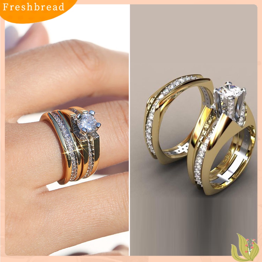 &lt; Freshbread &gt; 2Pcs Wanita Cincin Duawarna Berlapis Emas Mengkilap Geometris Berkilau Dekorasi Hadiah Cubic Zirconia Hias Pernikahan Pertunangan Rings Perhiasan Untuk Pacar