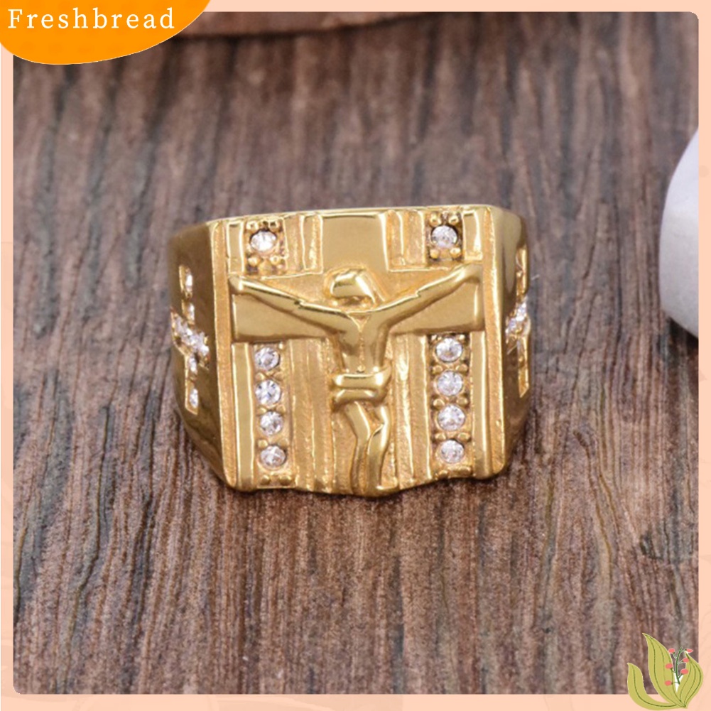 &lt; Freshbread &gt; Salib Yesus Yang Chic Diukir Cubic Zirconia Bertatahkan Cincin Unisex Perhiasan Pernikahan Hadiah