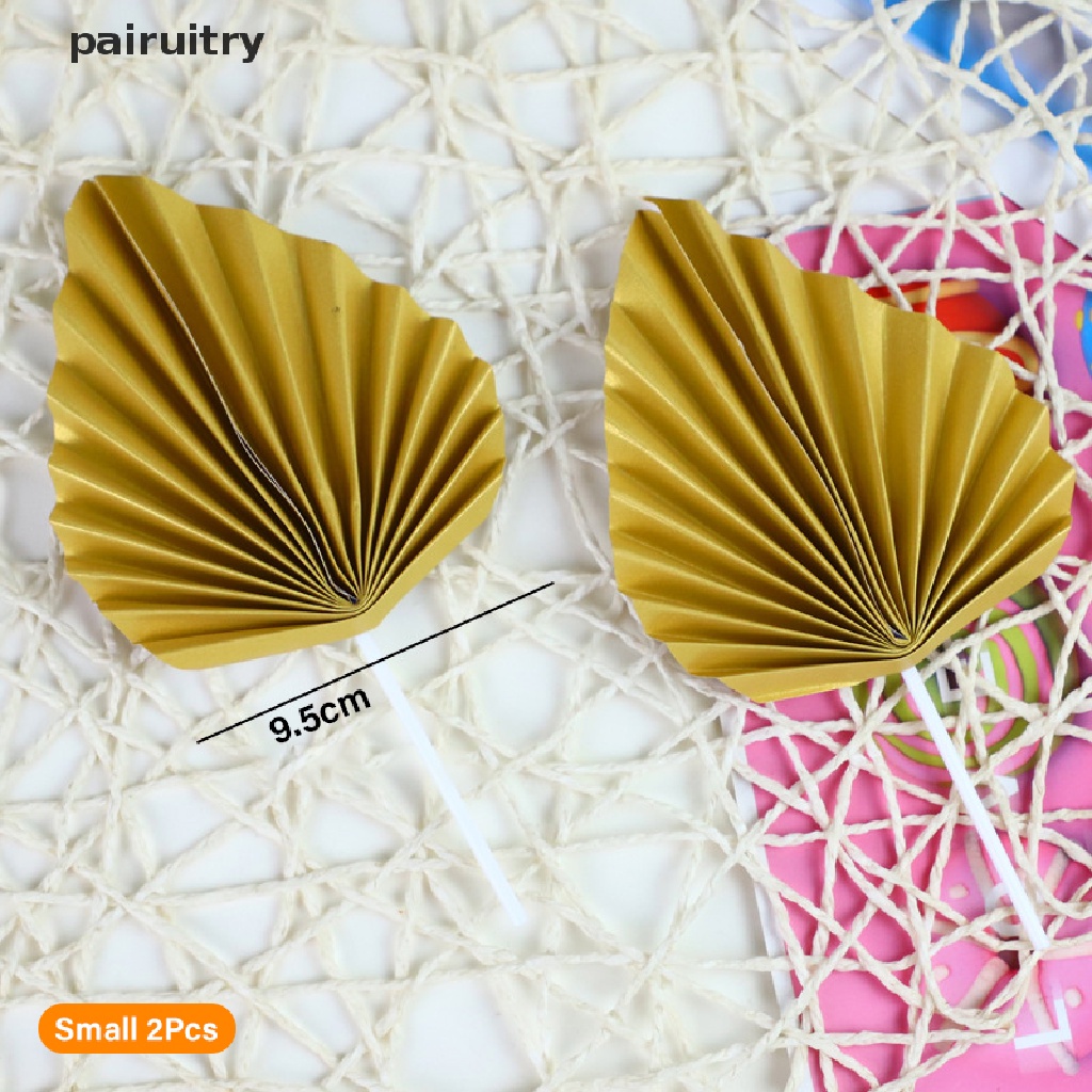 Prt 2pcs Paper Fan Cake Topper Gold Palm Leaf Dekorasi Pesta Ulang Tahun Kue Insert PRT