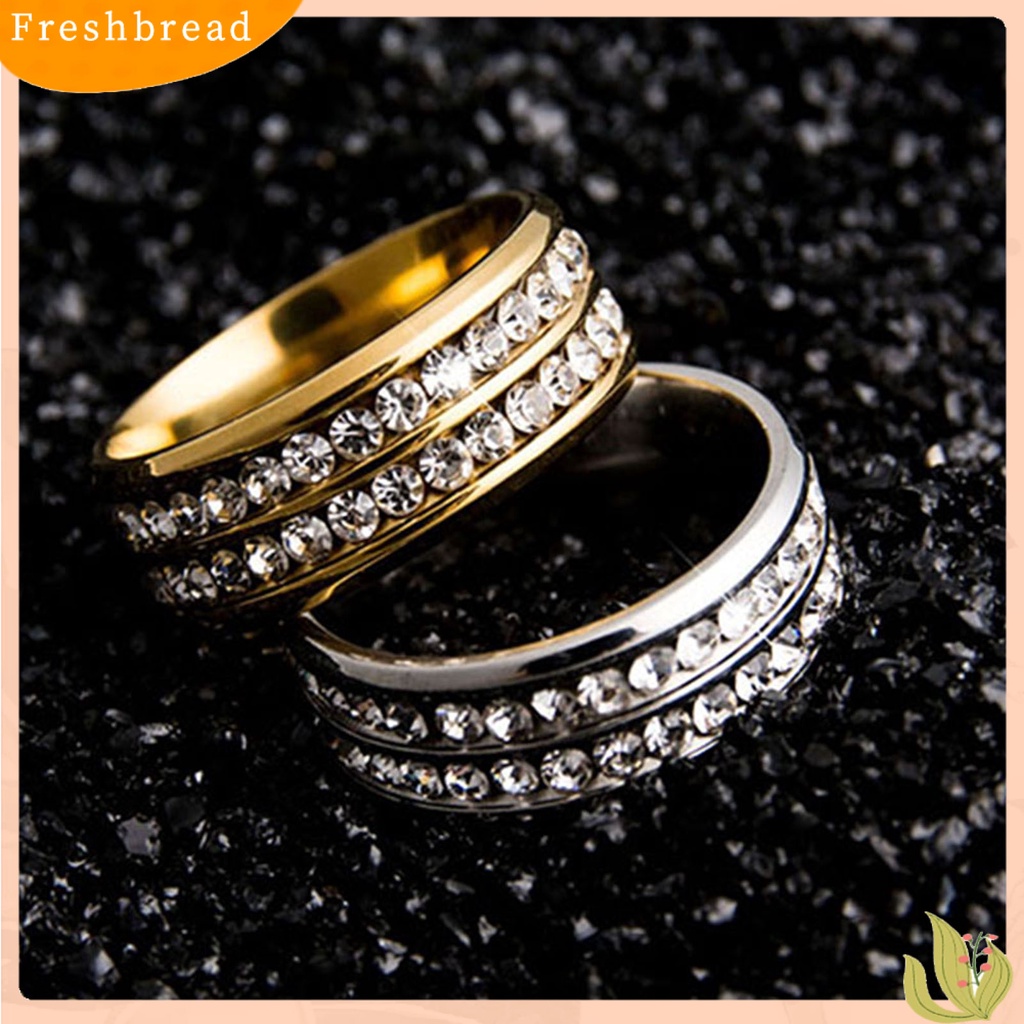 &lt; Freshbread &gt; Cincin Lebar-Lebar Fadeless Titanium Steel Baris Ganda Berlian Imitasi Perhiasan Unisex Untuk Pesta Pernikahan