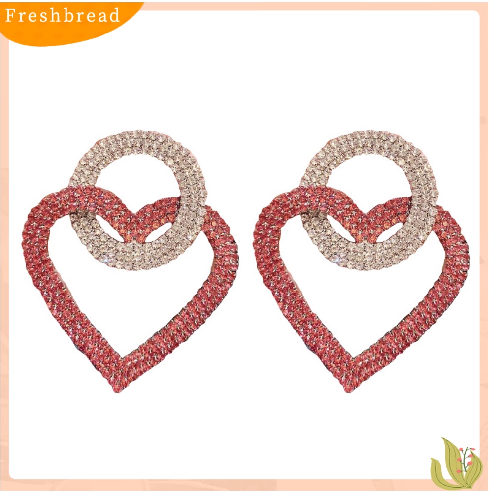 &lt; Freshbread &gt; Wanita Berlian Imitasi Hias Hati Bulat Menjuntai Telinga Stud Anting Pesta Perhiasan Hadiah