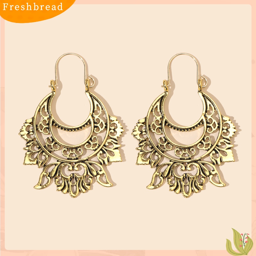 &lt; Freshbread &gt; Vintage Wanita Setengah Lingkaran Berlebihan Tindik Bunga Terukir Anting Perhiasan