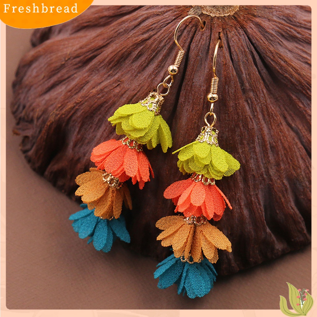 &lt; Freshbread &gt; 1pasang Tindik Multilayer Drop Earrings Kain Alloy Bunga Rumbai Kait Anting Perhiasan Hadiah