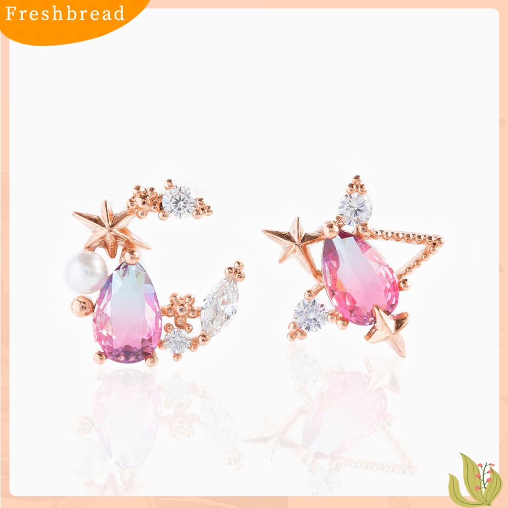 &lt; Freshbread &gt; 1pasang Anting Tusuk Telinga Alloy Chic Piercing Hias Bulan Bintang Berlian Imitasi Untuk Liburan