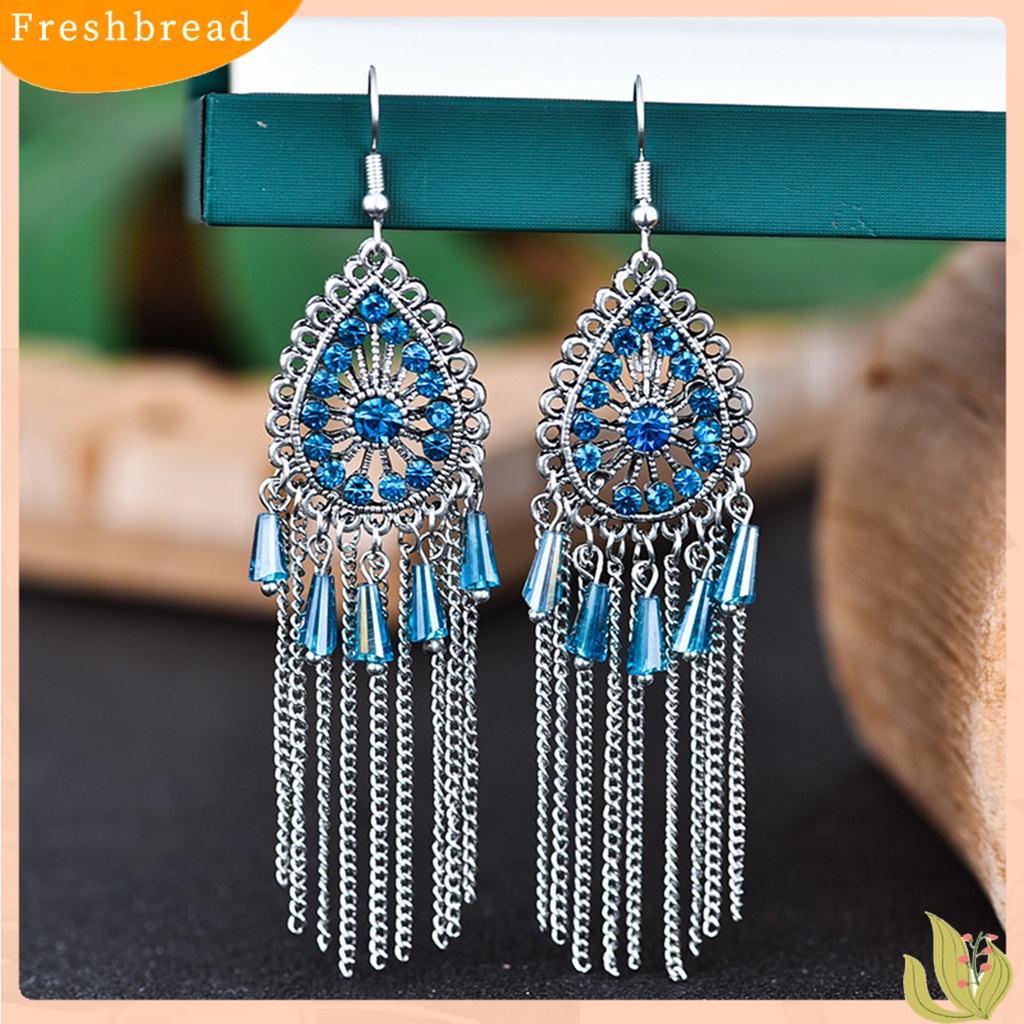 &lt; Freshbread &gt; 1pasang Anting Wanita Bentuk Tetesan Air Rumbai Berlian Imitasi Vintage Drop Earrings Untuk Pakaian Sehari-Hari