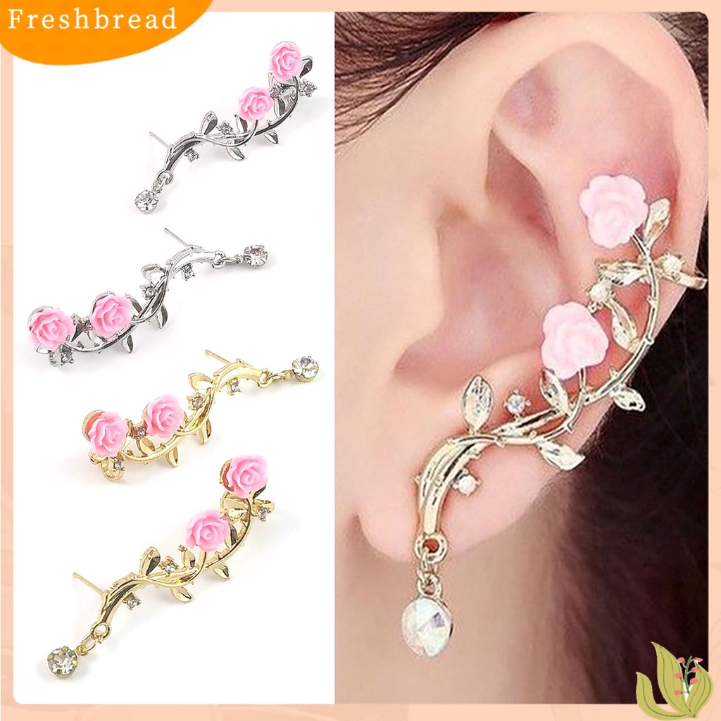 &lt; Freshbread &gt; 1pasang Berlian Imitasi Bersinar Tindik Telinga Studs Bunga Mawar Cabang Cuff Earrings Fashion Jewelry