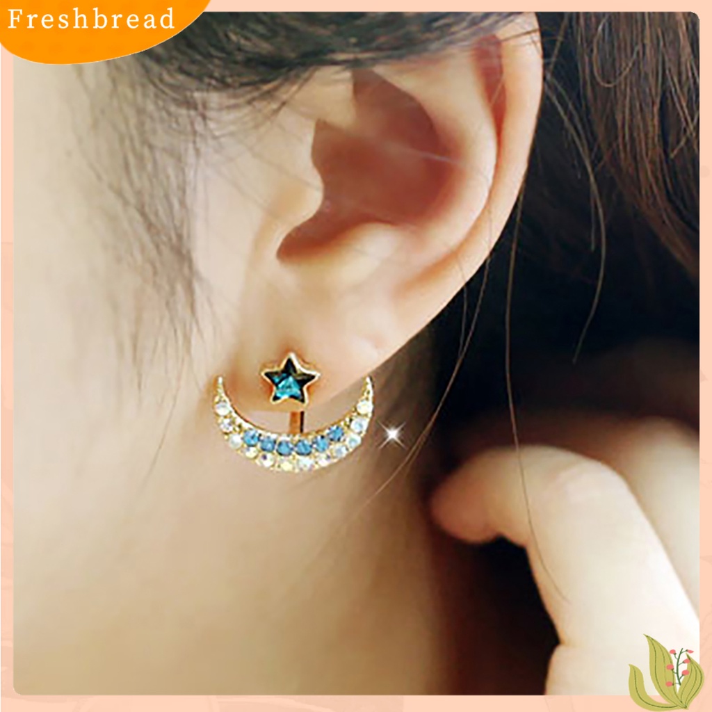 &lt; Freshbread &gt; 1pasang Anting Bentuk Bulan Bintang Desain Berlian Imitasi Bahan Alloy Wanita Fashion Ear Studs Untuk Hadiah