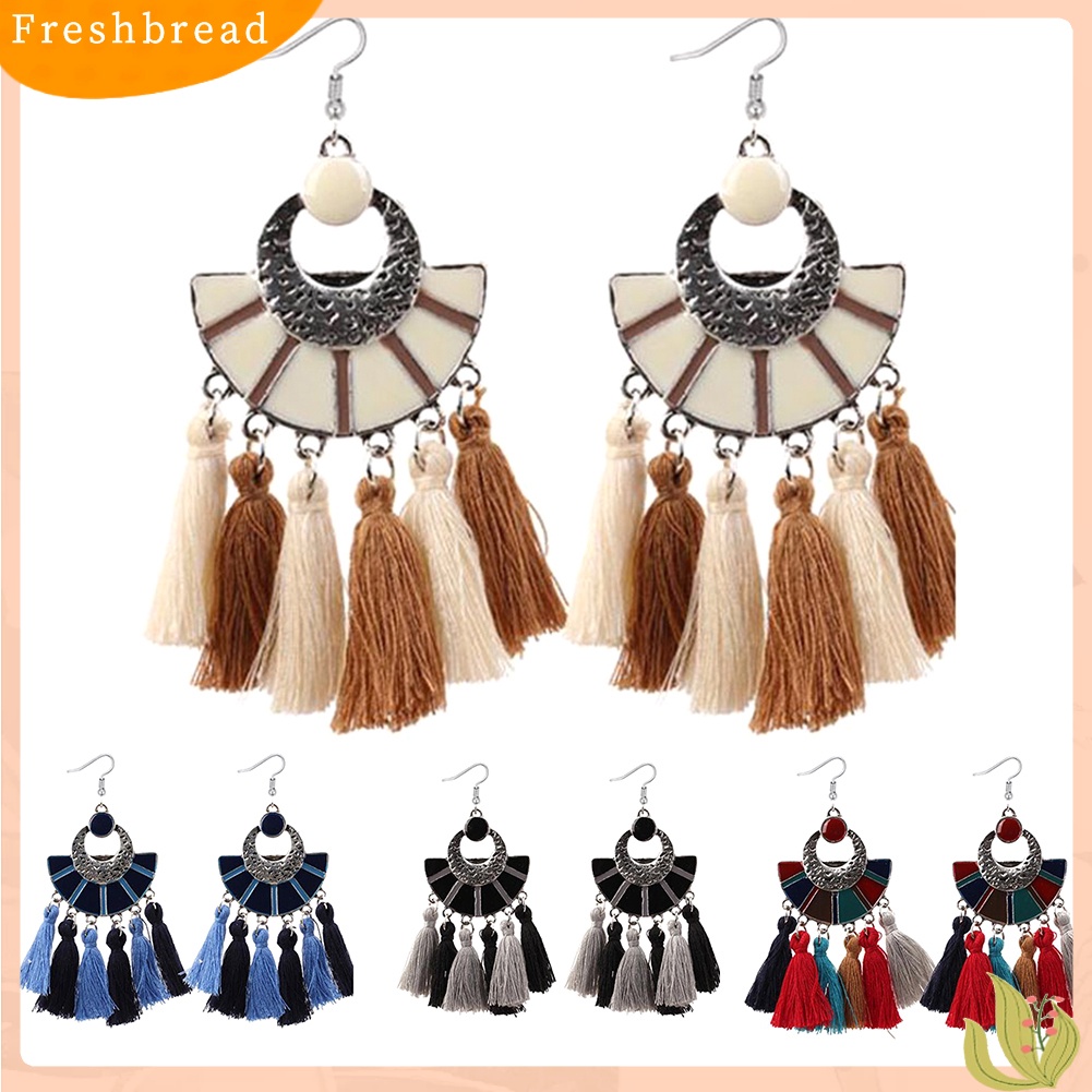 &lt; Freshbread &gt; Wanita Etnik Bentuk Kipas Warna-Warni Rumbai Menjuntai Drop Hook Anting Perhiasan Hadiah