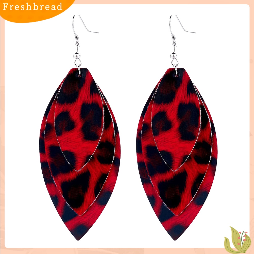 &lt; Freshbread &gt; Wanita Leopard Triple Layer Bentuk Daun Kulit Imitasi Anting Kait Menjuntai Panjang