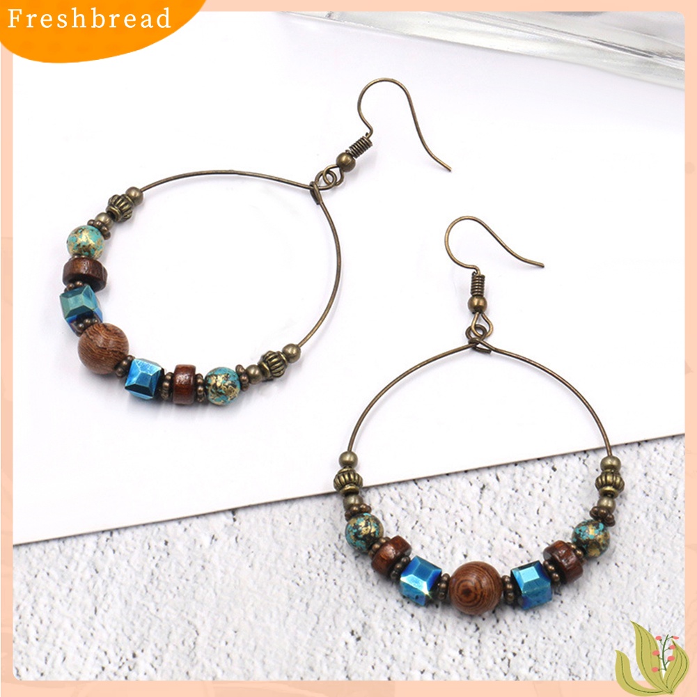 &lt; Freshbread &gt; Bohemian Lingkaran Besar Manik-Manik Kayu Kait Anting Wanita Etnik Faux Turquoise Jewelry