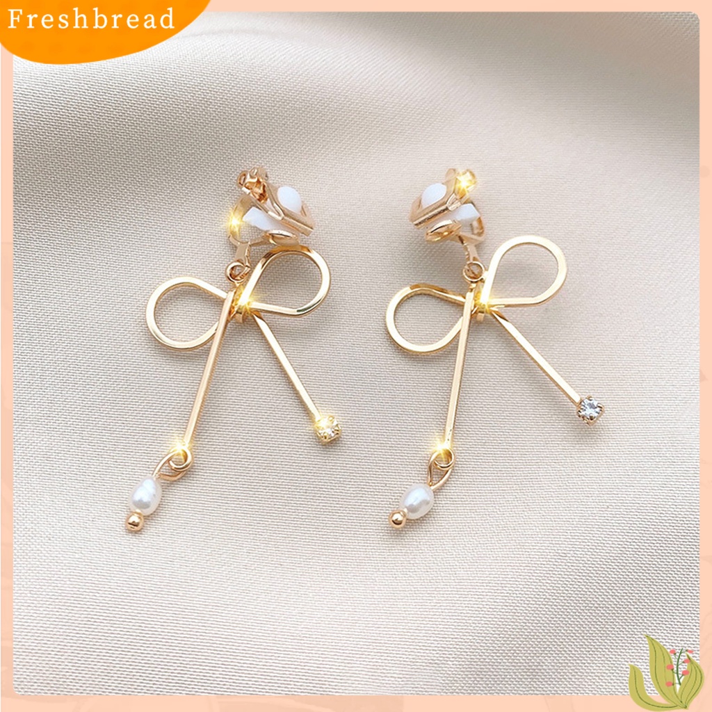 &lt; Freshbread &gt; 1pasang Klip Anting Busur Jumbai Perhiasan Tanpa Tindik Berlian Imitasi Drop Earrings Hadiah Ulang Tahun