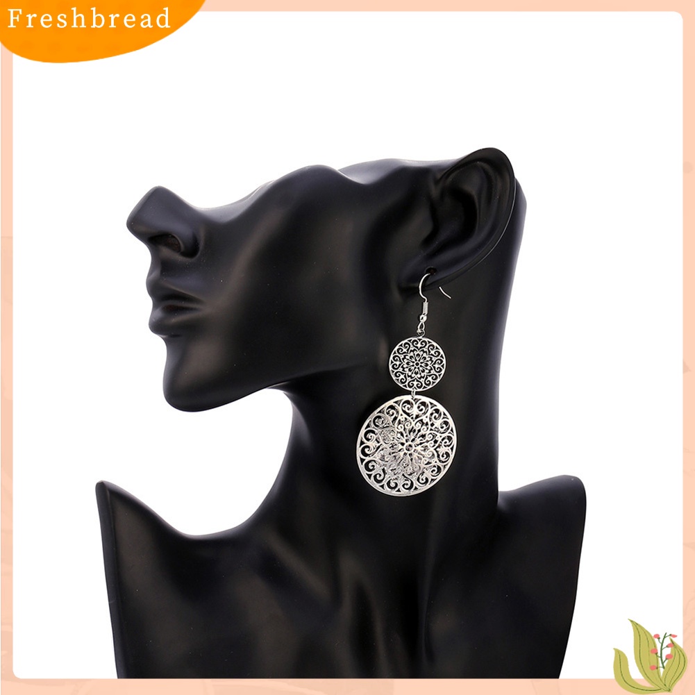 &lt; Freshbread &gt; Fashion Wanita Lapisan Ganda Diukir Kerawang Drop Menjuntai Liontin Anting Perhiasan
