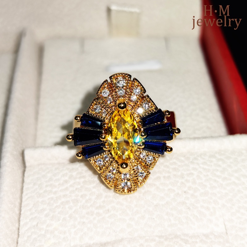 S925 Perak Vintage Bentuk Mata Kuda Kuning AAA Zircon Ring