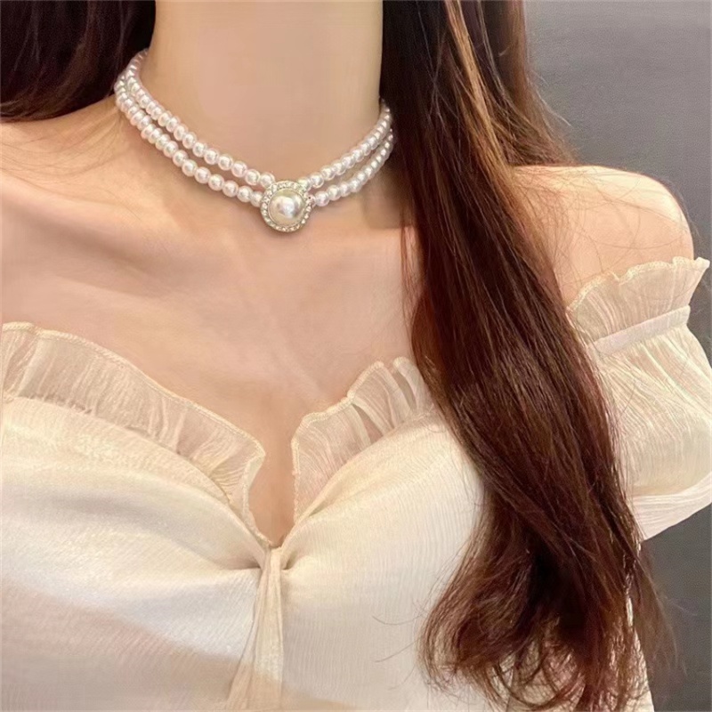 Kalung Mutiara Berlian Vintage Korea Temperamen Fashion Kalung Mutiara Lapisan Ganda Pendek Hadiah Rantai Klavikula Wanita Korea