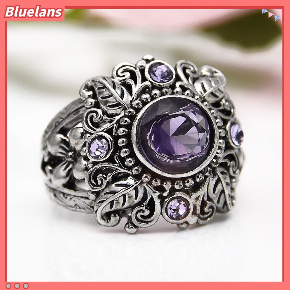 {In Stock} Vintage Bulat Faux Amethyst Hias Ukir Bunga Wanita Jari Cincin Perhiasan Hadiah