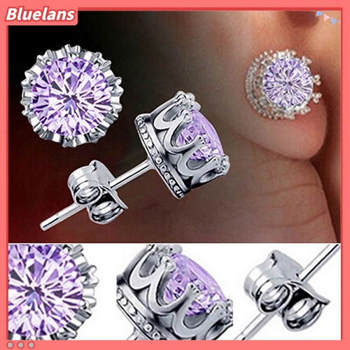 {In Stock} Fashion Wanita Berlian Imitasi Elegan Berlapis Perak Gaya Mahkota Anting Pejantan Telinga