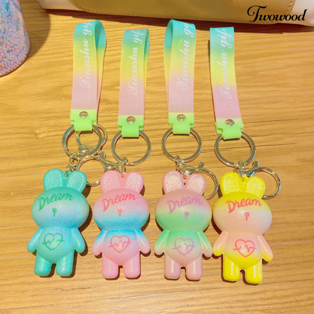 Twowood Rabbit Keychain Warna Gradien Cinta Hati 3D Boneka Silikon Hewan Lucu Bunny Car Key Ring Liontin Mahasiswa Ransel Ornamen