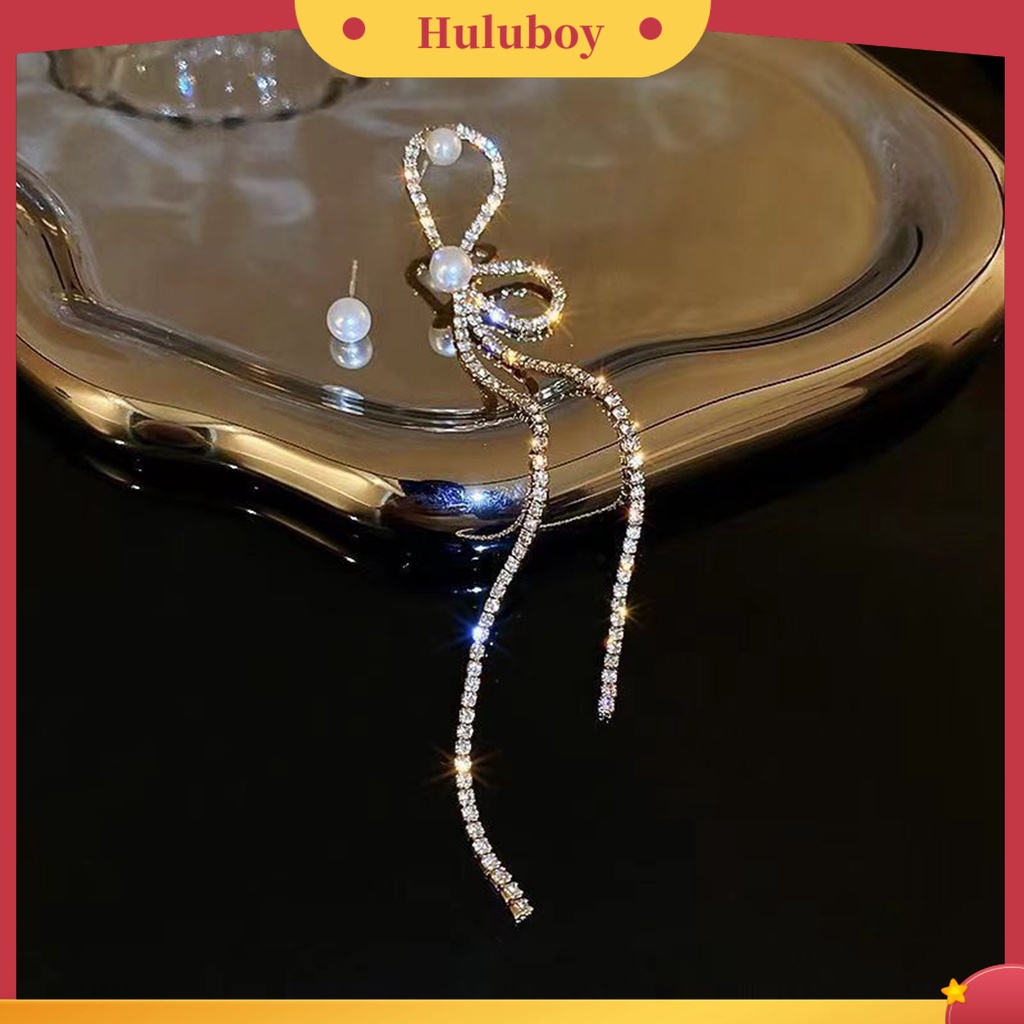 {Ready Stock} 1pasang Anting Rumbai Asimetri Busur Mutiara Imitasi Berlian Imitasi Bersinar Dekorasi Tahan Luntur Panjang Rumbai Menjuntai Anting Gantung Aksesoris Perhiasan