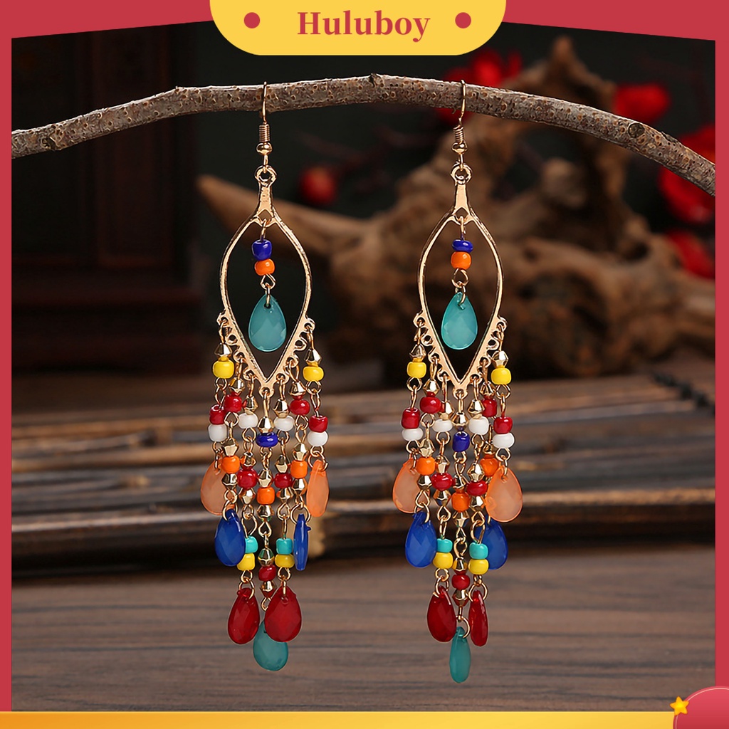 {Ready Stock} 1pasang Anting Kait Jumbai Perhiasan Bohemian Anting Drop Panjang Multiwarna Untuk Perjamuan