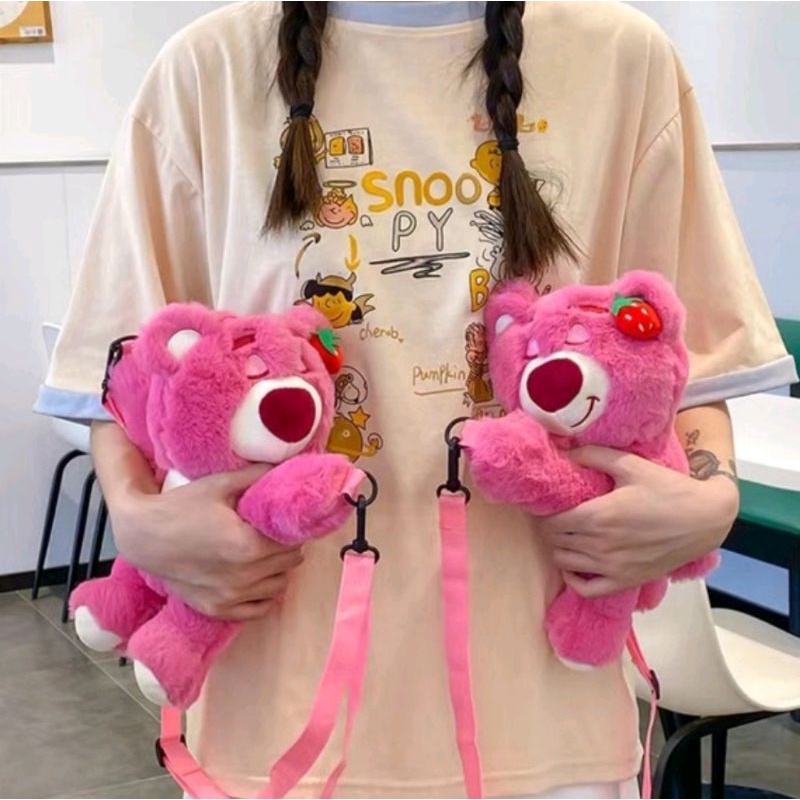 Tas Slempang Boneka Lotso Sling Bag Fashion Motif Kartun Karakter Hewan Bahan Yelvo Halus Berstandar SNI