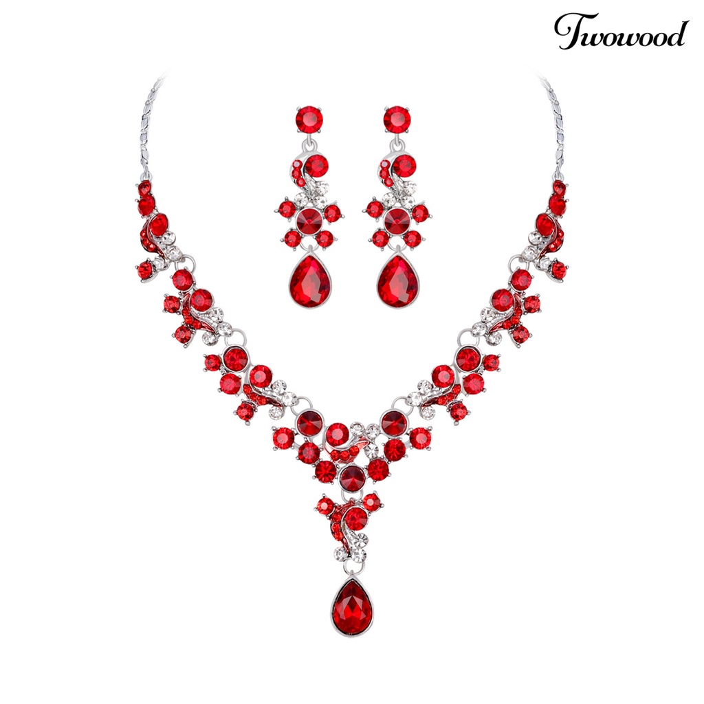 Twowood Wanita Prom Pernikahan Bridal Faux Kristal Berlian Imitasi Kalung Anting Set Perhiasan