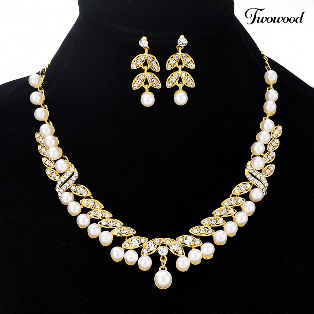 Twowood Faux Pearl Rhinestone Leaf Menjuntai Anting Kalung Bridal Set Perhiasan Pernikahan