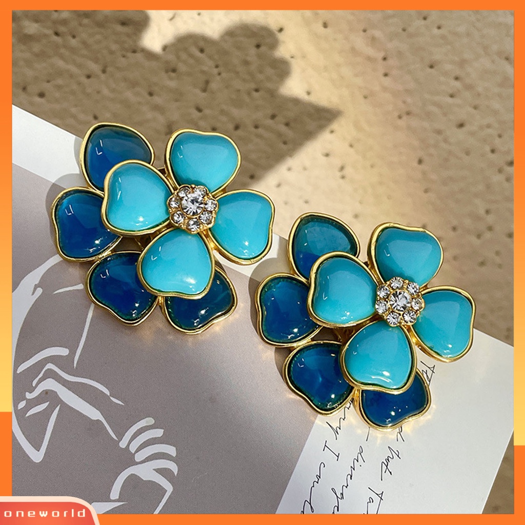 [OWR] 1pasang Anting Wanita Berlapis Ganda Enamel Geometris Tiga Dimensi Retro Dekorasi Bentuk Bunga Biru Stud Earrings Aksesori Perhiasan