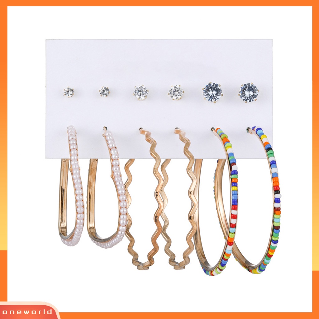 [OWR] 6pasang Hoop Earrings Set Mini Beads Rhinestones Inlay Geometris Alloy Perhiasan Elegan Dress-Up Aksesoris Lingkaran Anting Telinga Studs Pesta Malam Memakai Perhiasan Hadiah