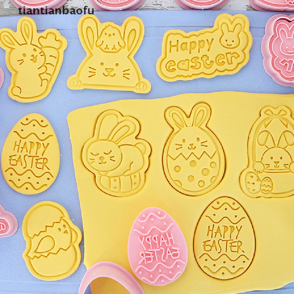 [tiantianbaofu] 8pcs/set Paskah Cookie Cutter Kelinci Pemotong Telur DIY 3D Cetakan Kue Plastik Butik