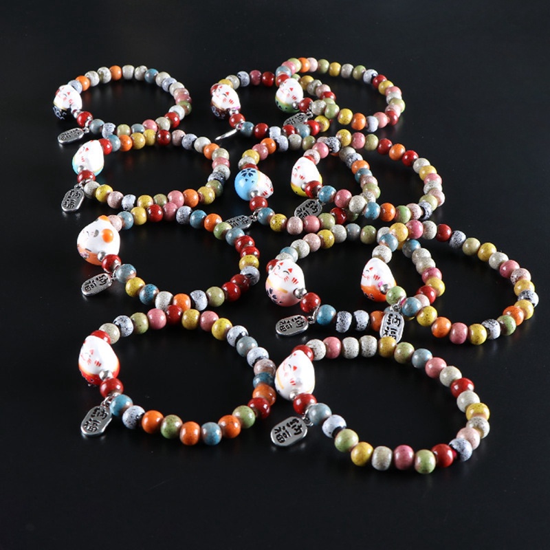 Lucu Kucing Beruntung Gelang Untuk Gadis Adjustable Manik-Manik Warna-Warni Gelang Harajuku Keramik Kucing Liontin Pesona Gelang Perhiasan