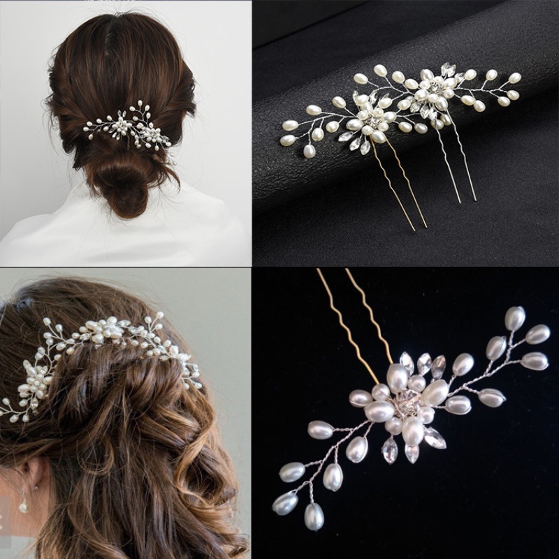 Ladies Garpu Rambut Warna Emas Elegan/Hiasan Kepala Pesta Liburan Universal/Korea Fashion Bridal Wedding Mutiara Berlian Imitasi Jepit Rambut