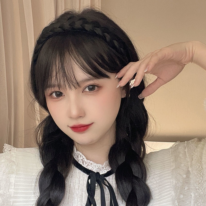 Kepang Wig Bando Dengan Poni Fashion Natural Air Bangs Hair Band Aksesoris Rambut Wanita